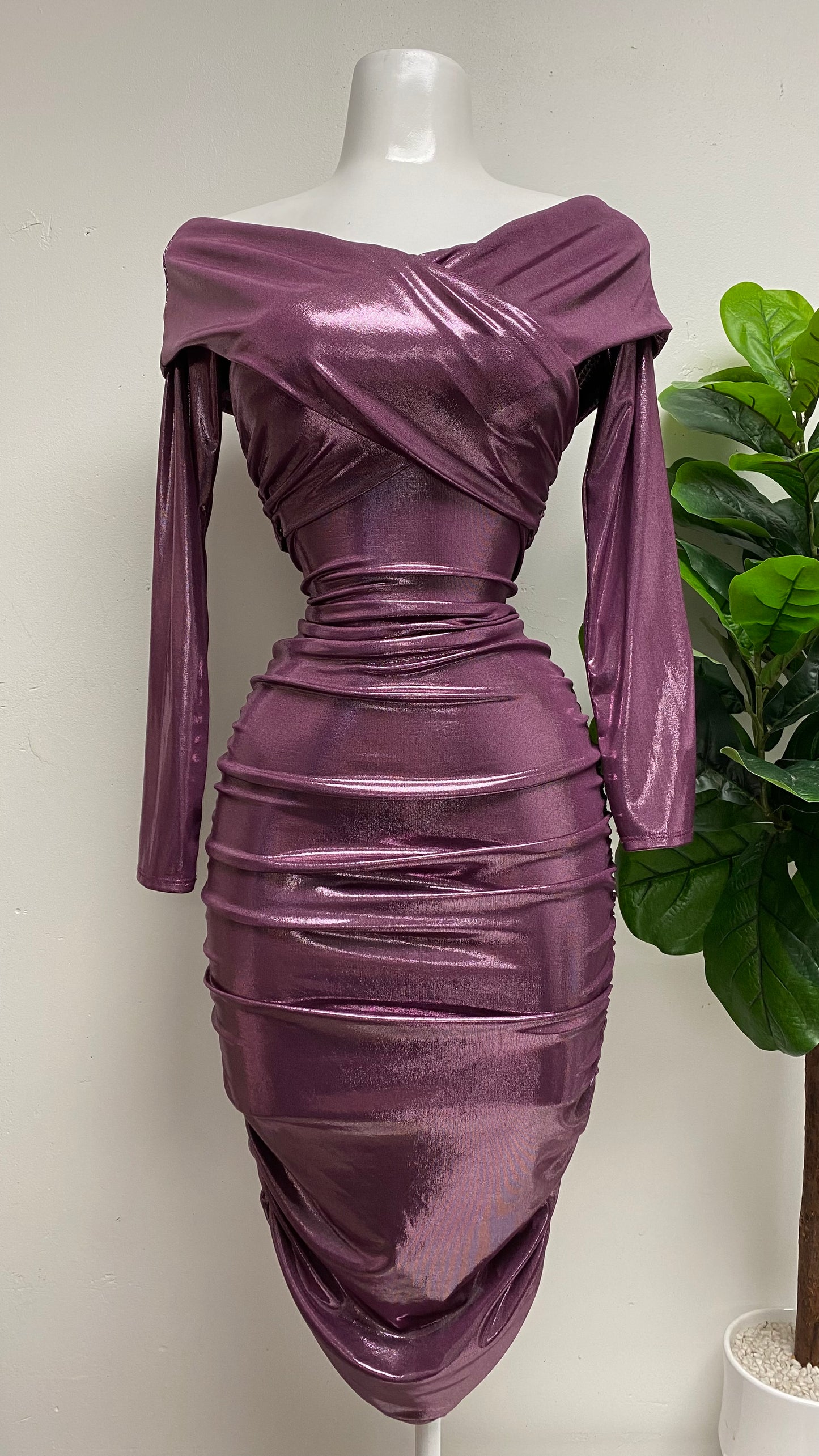 Metallic Ruched Midi Dress