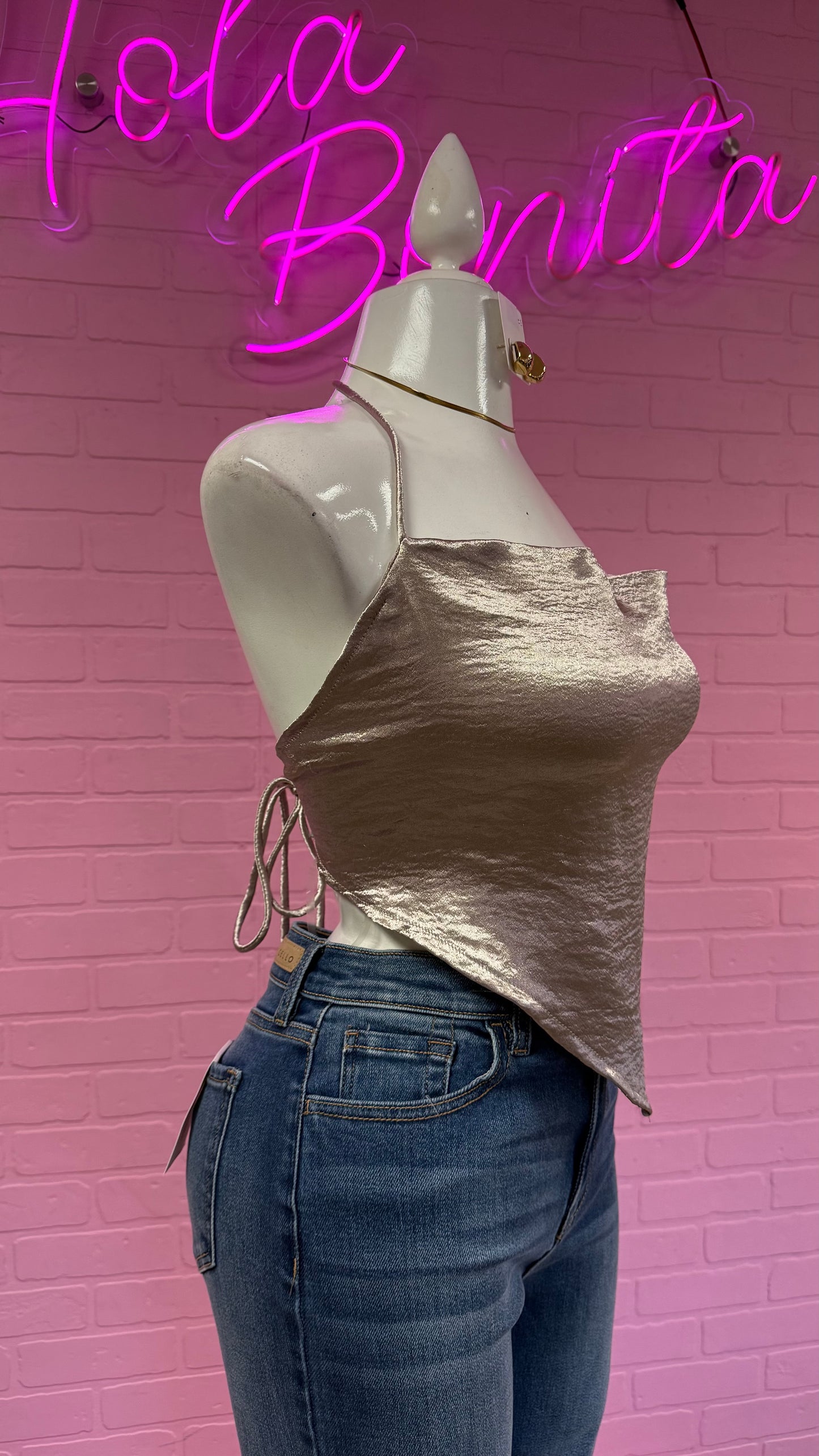 Silver Satin Halter Top