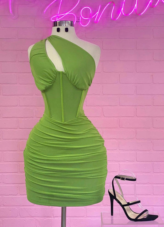 Moss Green One-Shoulder Dress