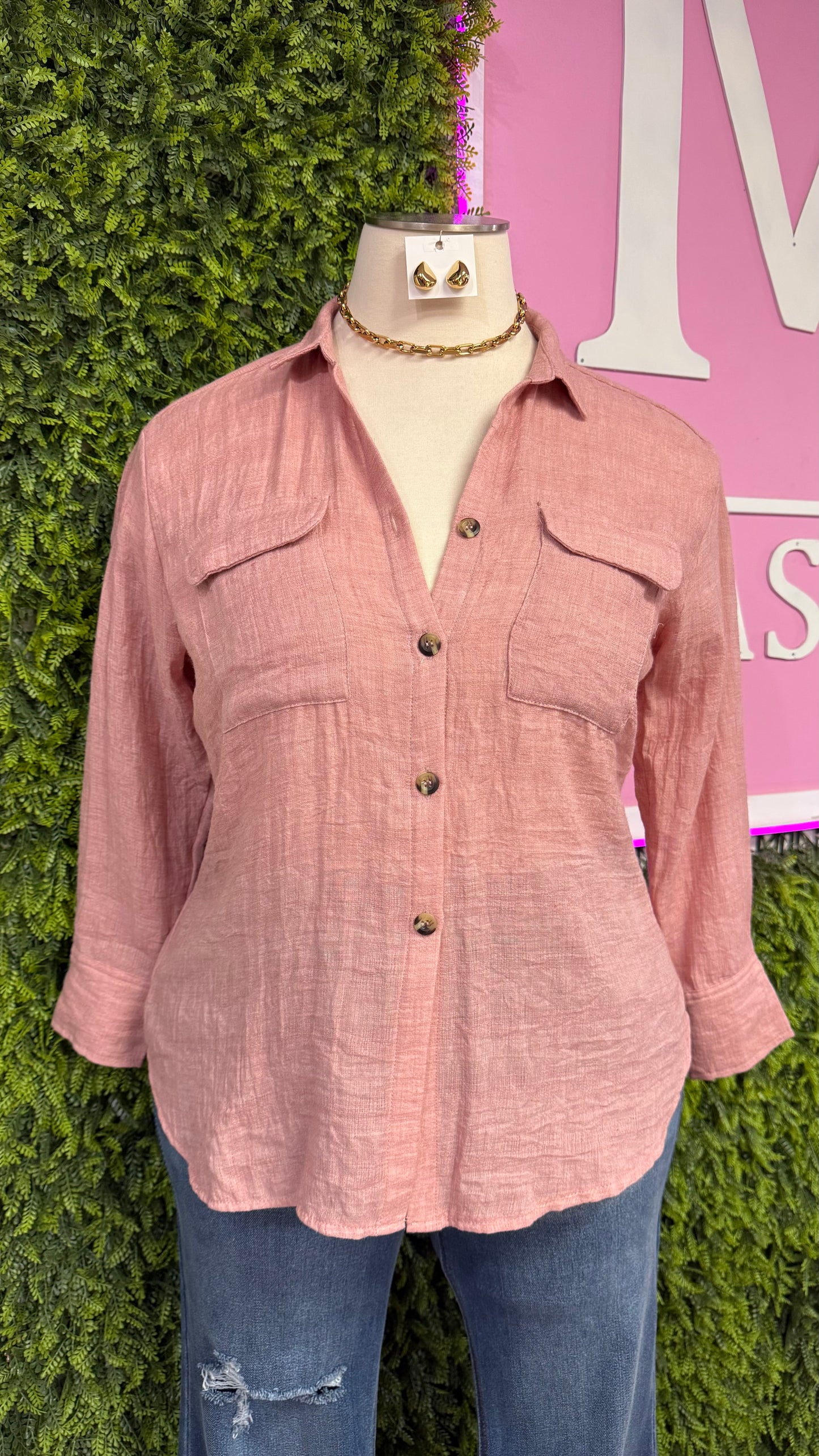 Dusty Pink Linen Button Top (Curvy)