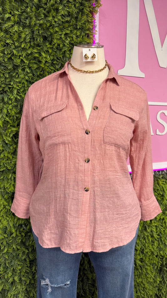 Dusty Pink Linen Button Top (Curvy)