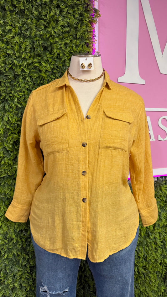 Mustard Linen Button Top (Curvy)