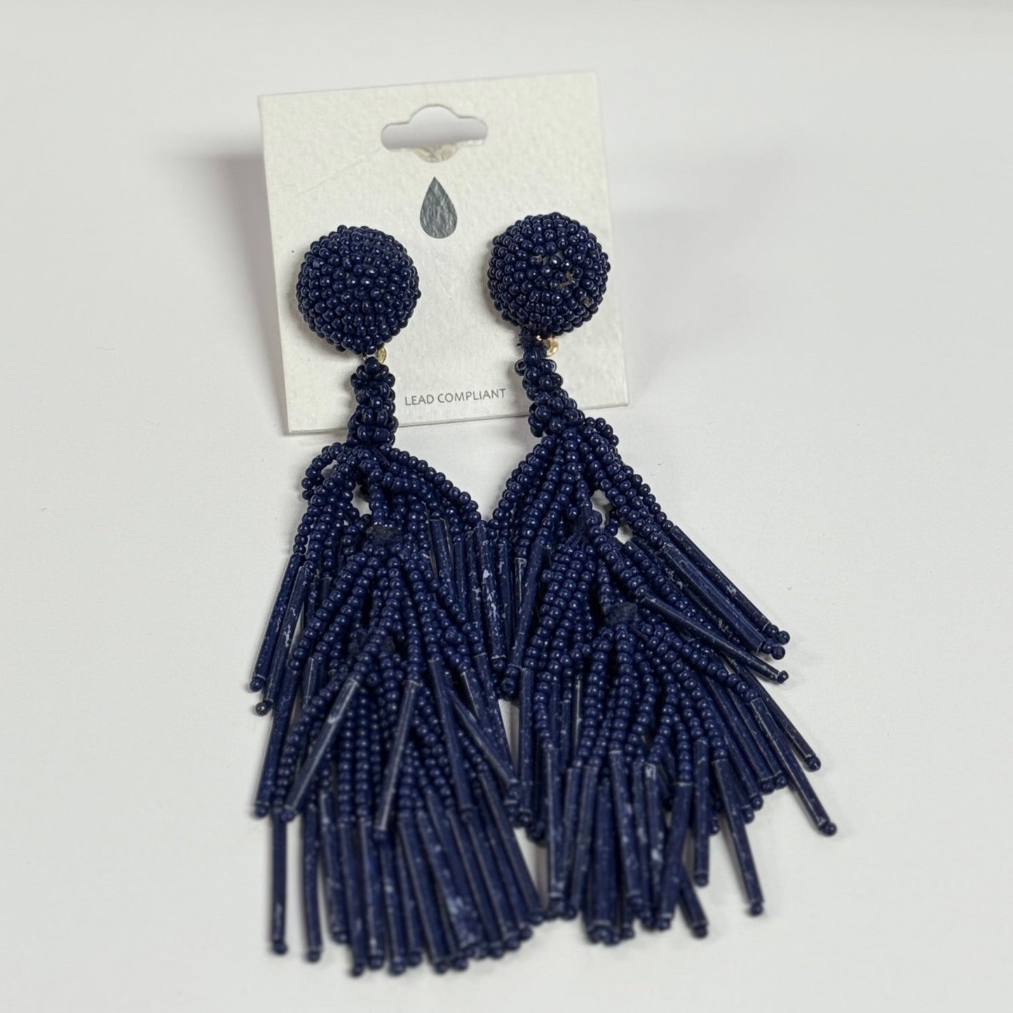 Navy Beaded Tassel Earrings (1x4 inch)