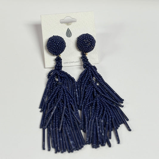 Navy Beaded Tassel Earrings (1x4 inch)