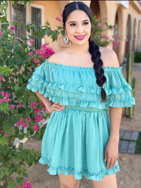 Light Teal Ruffle Dress